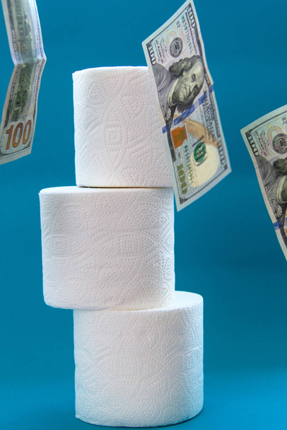 Roll of toilet paper and paper bills, dollars. Medical concept. Epidemic. Virus. Credit card - Foto, Bild
