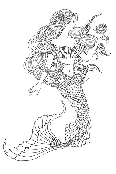 Hand drawn mermaid holding a flower, on white background, linen vector illustration for coloring book. - Вектор, зображення