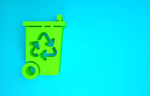 Green Recycle bin with recycle symbol icon isolated on blue background. Trash can icon. Garbage bin sign. Recycle basket sign. Minimalism concept. 3d illustration 3D render - 写真・画像