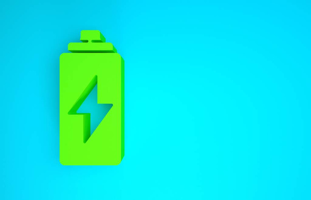 Zielona ikona baterii izolowana na niebieskim tle. Symbol pioruna. Koncepcja minimalizmu. Ilustracja 3d - Zdjęcie, obraz
