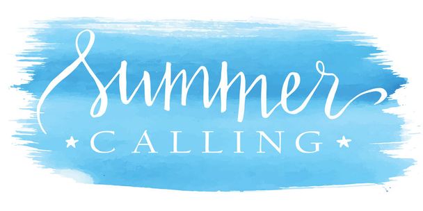Summer callind, hand paint vector lettering on a watercolor blue brushstroke, summer design, banner, typography poster. - Vektori, kuva