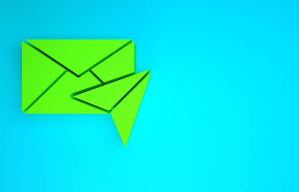 Icono de sobre verde aislado sobre fondo azul. Mensaje de correo electrónico símbolo de letra. Concepto minimalista. 3D ilustración 3D render
 - Foto, Imagen