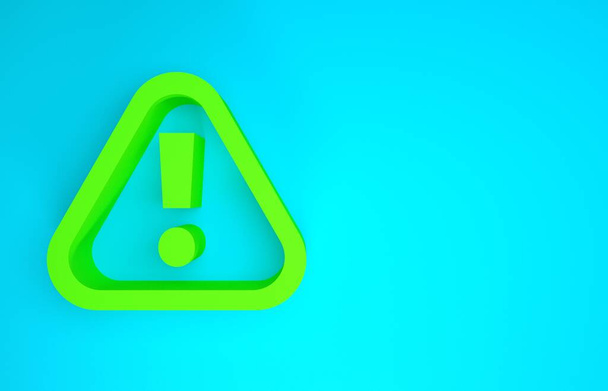Zielony wykrzyknik w ikonie trójkąta odizolowany na niebieskim tle. Znak ostrzegawczy, ostrożność, uwaga, ważne ostrzeżenie o niebezpieczeństwie. Koncepcja minimalizmu. Ilustracja 3D 3D renderowania - Zdjęcie, obraz