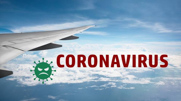 airplane wing with Coronavirus  sign and evil virus illustration of global disease. Covid-19, flight, spread concept - Fotografie, Obrázek