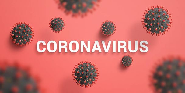Coronavirus virions esik a szövegre a piros asztalon. Felülnézet, lapos fektetés kompozíció - Fotó, kép