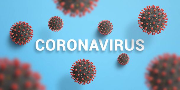 Coronavirussen virions vallen op de tekst op het blauwe bureau. Bovenaanzicht, vlakke lay compositie - Foto, afbeelding