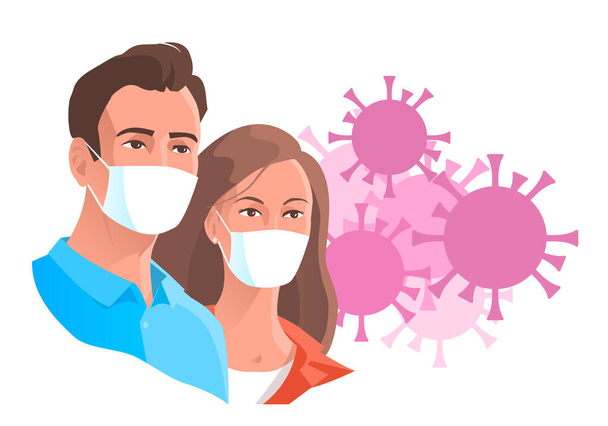 Nuori mies ja nainen suojassa tartunnalta. Koronavirusepidemia. Taustalla mikrobit ovat infektion taudinaiheuttajia. Vektorieristetty kuva
. - Vektori, kuva