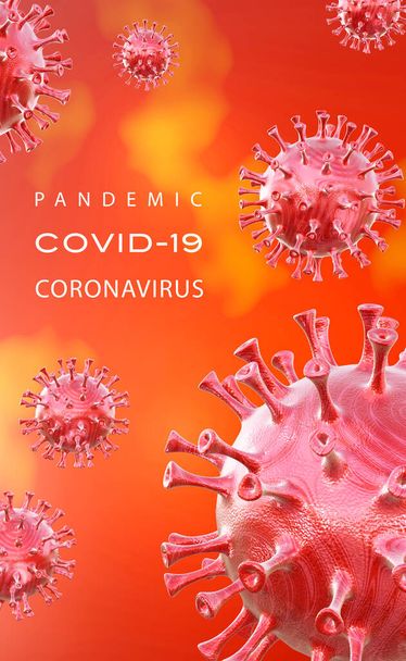Poster Pandemische Coronavirus Abstraktion Warnung vor der Infektion von Menschen, die Möglichkeit einer Infektion durch futuristische 3D-Rendering. - Foto, Bild