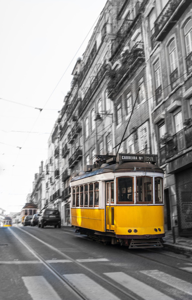 Yellow Tram in motion, Lisbon, Portugal - Photo, Image