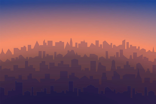 Gündoğumu ya da günbatımı arkaplanlı şehir manzarası. Modern şehrin yatay sabah ya da akşam manzarası. Şehir binalarının soyut çizim silüetleri - Fotoğraf, Görsel