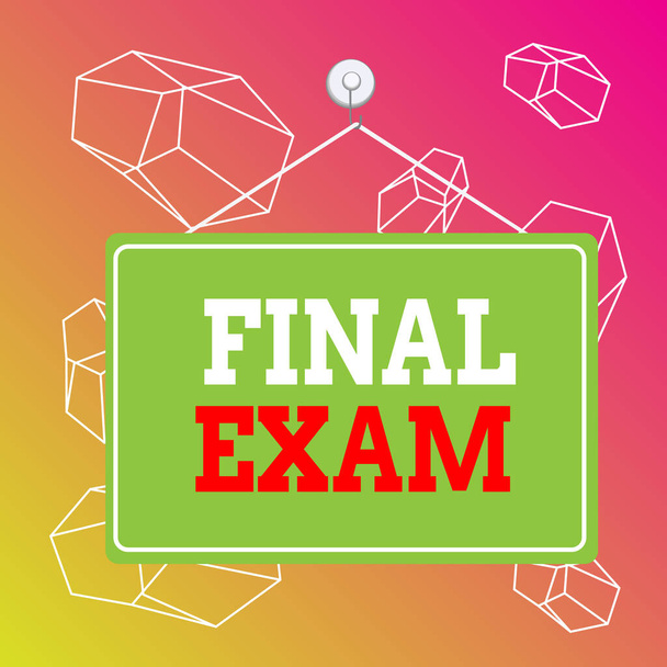 Word writing text Final Exam. Business concept for test given to student at the end of a course of study or training Colored memo reminder empty board blank space attach background rectangle. - Photo, Image