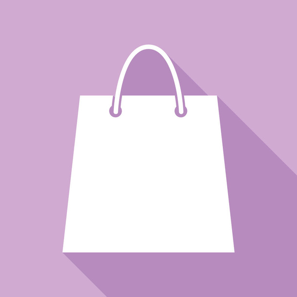 Shopping bag illustration. White Icon with long shadow at purple background. - Vector, Image