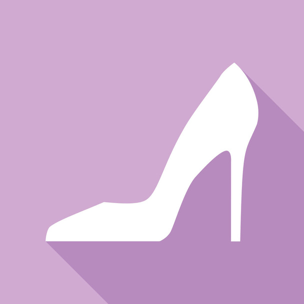 Woman shoe sign. White Icon with long shadow at purple background. - Vector, imagen