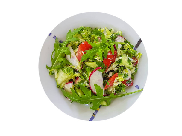 arugula salad, radish, tomato plate isolated - Photo, Image
