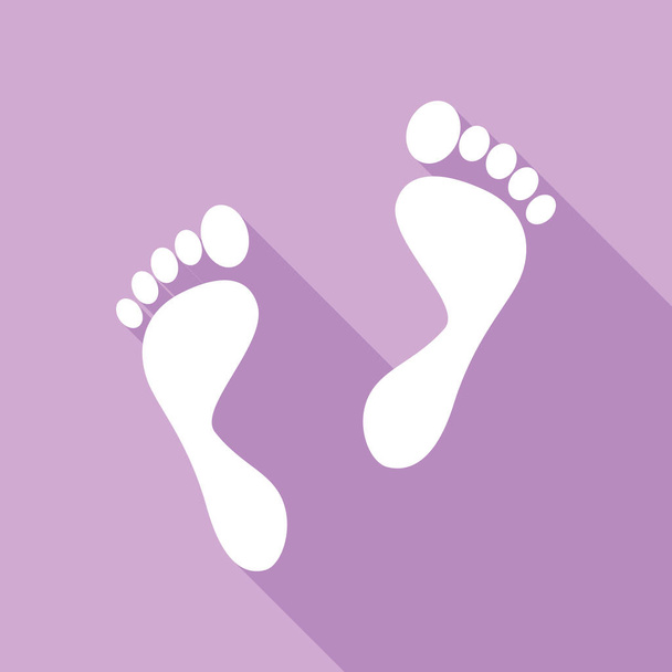 Foot prints sign. White Icon with long shadow at purple background. - Vector, Image