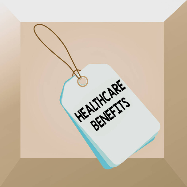 Conceptual hand writing showing Healthcare Benefits. Business photo showcasing monthly fair market valueprovided to Employee dependents Rectangle badge attached string colorful background with tag. - Photo, Image