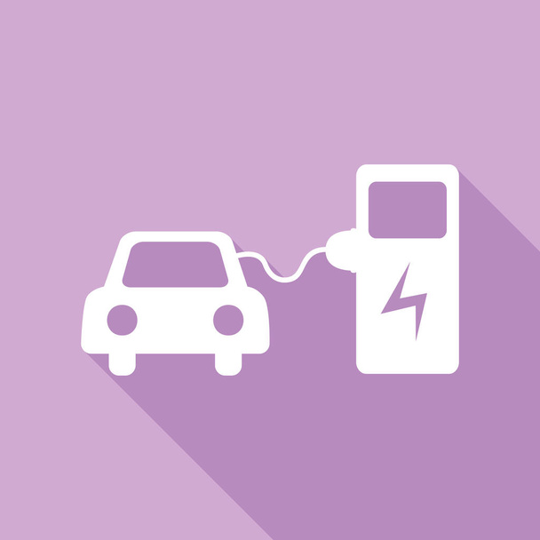 Panneau de charge de batterie de voiture électrique. Icône blanche avec une longue ombre sur fond violet
. - Vecteur, image