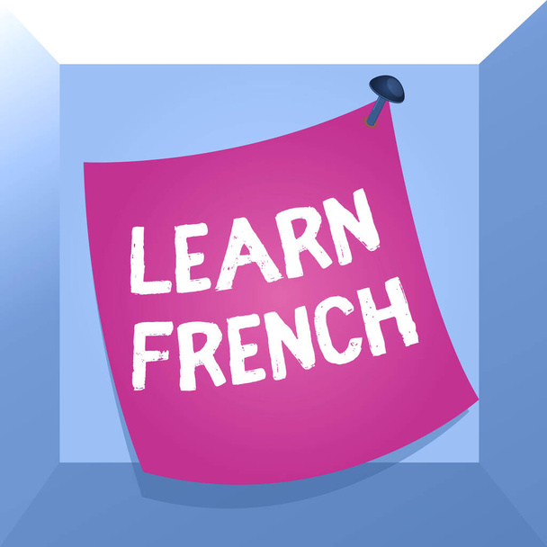 Conceptual hand writing showing Learn French. Business photo showcasing get knowledge or skill in speaking and writing French language Curved reminder paper memo nailed colorful surface pin frame. - Photo, Image