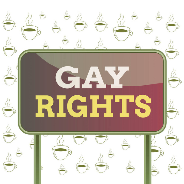 Gay Hakları 'nı gösteren bir not yazıyorum. Homoseksüeller için eşit medeni ve sosyal haklar içeren iş fotoğraflarının sergilenmesi Metalik sırık boş tahta levha renkli arka plan. - Fotoğraf, Görsel