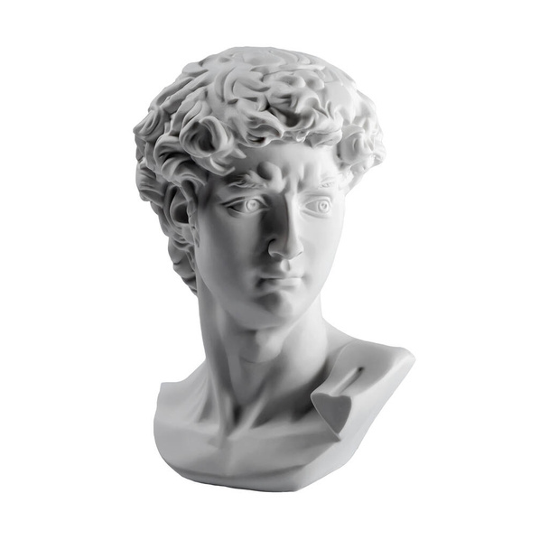 ダビデの頭の石膏像。ミケランジェロのダビデ像の石膏像は白地に隔離されている。古代ギリシャ彫刻英雄像. - 写真・画像