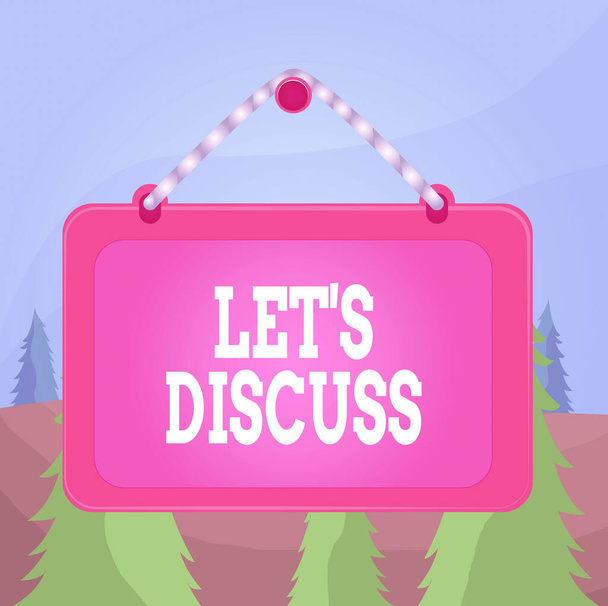 Word writing text Lets Discuss. Business concept for asking someone to talk about something with demonstrating or showing Board fixed nail frame string striped colored background rectangle panel. - Photo, Image