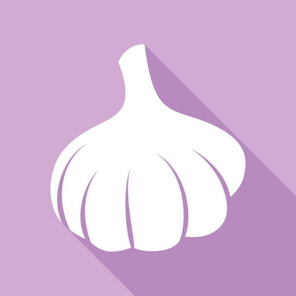 Knoflook simpel bord. Witte Ikoon met lange schaduw op paarse achtergrond. - Vector, afbeelding