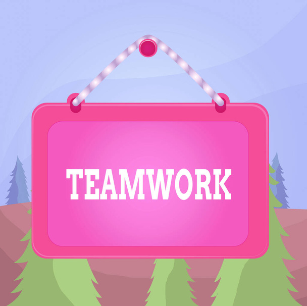 Tekst schrijven Teamwork. Business concept voor gecombineerde actie van groep vooral wanneer effectief en efficiënt Board vaste nagel frame string gestreept gekleurde achtergrond rechthoek paneel. - Foto, afbeelding