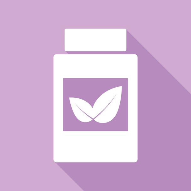 Supplementen container teken. Witte Ikoon met lange schaduw op paarse achtergrond. - Vector, afbeelding