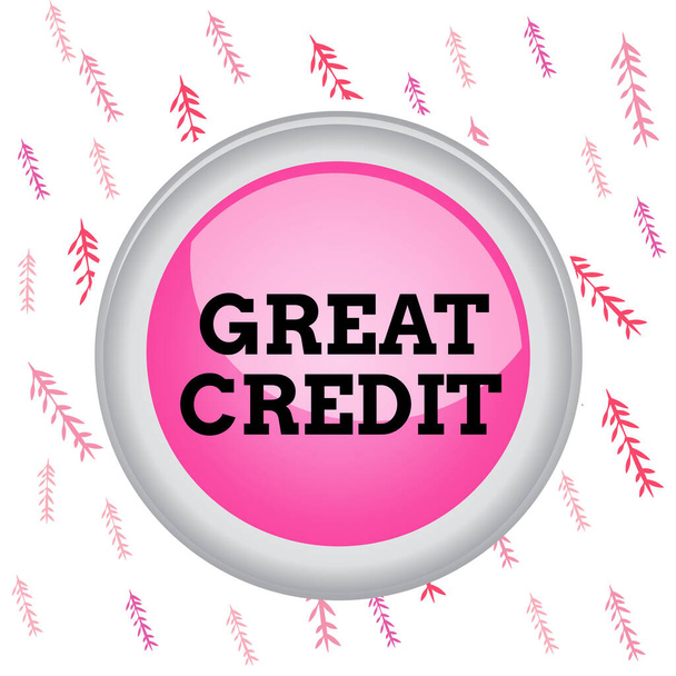 Handwriting text writing Great Credit. Concept meaning borrower has high credit score and is a safe credit risk Circle button colored sphere switch center background middle round shaped. - Photo, Image