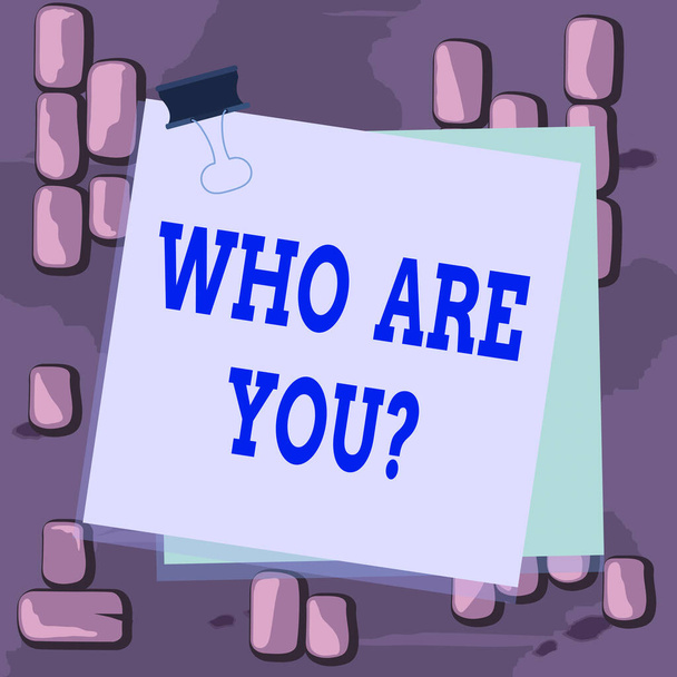Word writing text Who Are You Question. Business concept for asking about someone identity or demonstratingal information Paper stuck binder clip colorful background reminder memo office supply. - Photo, Image