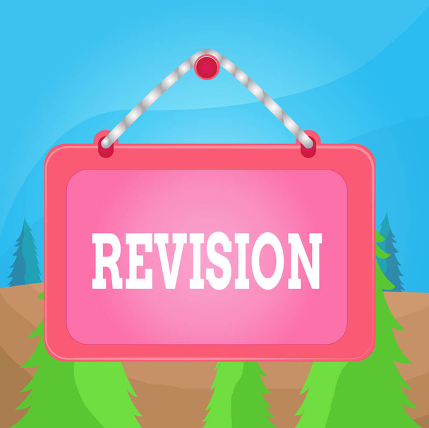 Word writing text Revision. Business concept for action of revising over someone like auditing or accounting Board fixed nail frame string striped colored background rectangle panel. - Photo, Image
