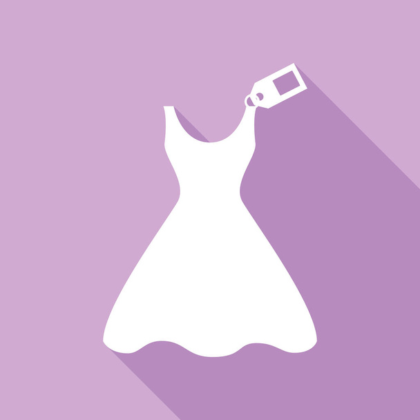 Woman dress sign with tag. White Icon with long shadow at purple background. - Vector, Image