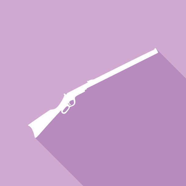 Ilustración del icono del rifle de caza. Pistola de silueta. Icono blanco con sombra larga sobre fondo púrpura
. - Vector, Imagen