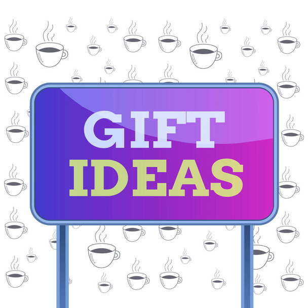 贈り物のアイデアを示すメモを書く。誰かにプレゼントするための考えや提案を示すビジネス写真金属製の空のパネル板カラフルな背景が添付されています. - 写真・画像