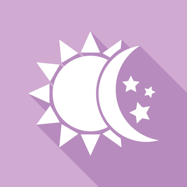 Aurinko, kuu, tähdet. Valkoinen kuvake pitkä varjo violetti tausta
. - Vektori, kuva