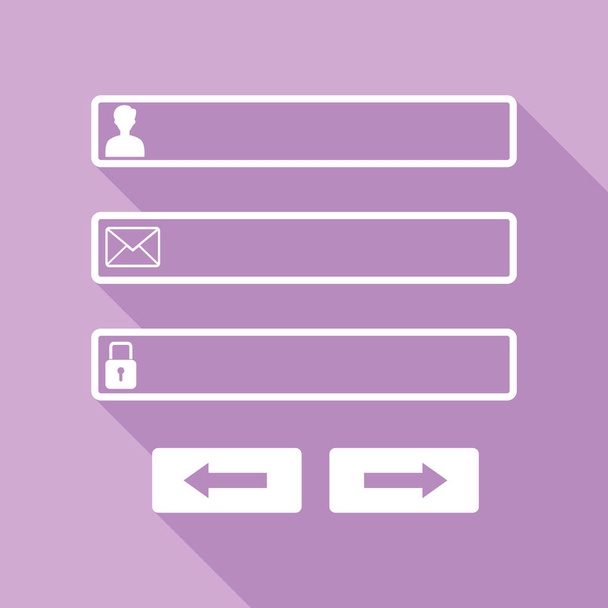Web-Browser-Fenster mit Login-Seite Zeichen. Weiße Ikone mit langem Schatten auf violettem Hintergrund. - Vektor, Bild