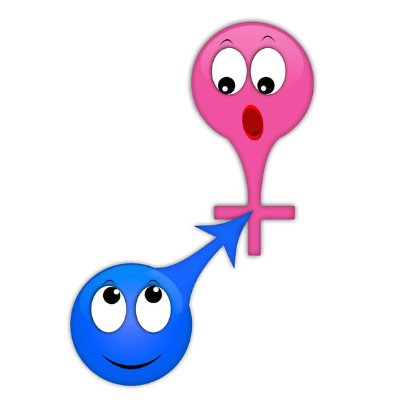 Emoticons zijn een symbool van seksuele relaties tussen een man en een vrouw. Blauw met een pijl en roze met een kruis. Verhoogde potentie en erectie. Geneeskunde van seksuele relaties en bevruchting. - Foto, afbeelding