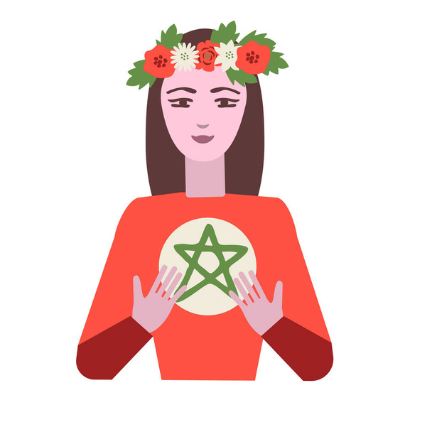 Wiccan girl with flower wreath illustration - Vector, Image