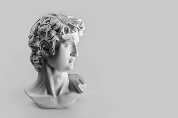 Gypsum statue of David's head. Michelangelo's David statue plaster copy on grey background with copyspace for text. Ancient greek sculpture, statue of hero. - Photo, Image
