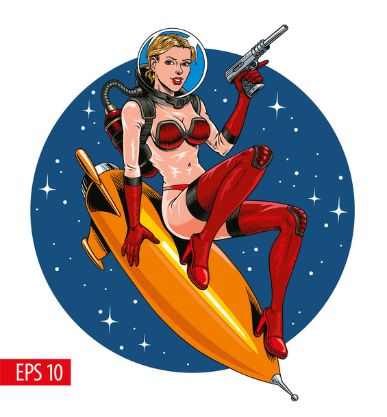 Attractive young astronaut woman riding a rocket or missile. Vector illustration. - Vector, Image