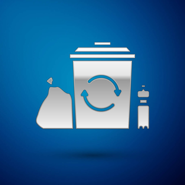 silberner Papierkorb mit Recycling-Symbol auf blauem Hintergrund. Mülleimer-Symbol. Mülleimer-Schild. Papierkorb. Vektorillustration - Vektor, Bild