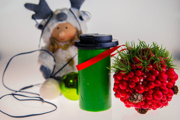 Composition with blue lantern, herbs and a toy - Foto, imagen