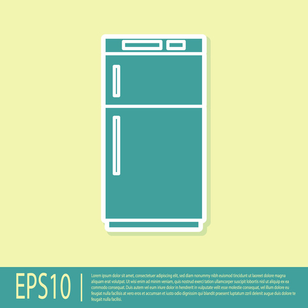 Icono del refrigerador verde aislado sobre fondo amarillo. Refrigerador congelador refrigerador. Tecnología y electrodomésticos. Ilustración vectorial - Vector, imagen