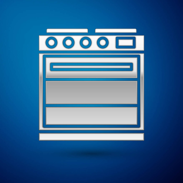 Srebrna ikona piekarnika na niebieskim tle. Znak kuchenki gazowej. Ilustracja wektora - Wektor, obraz