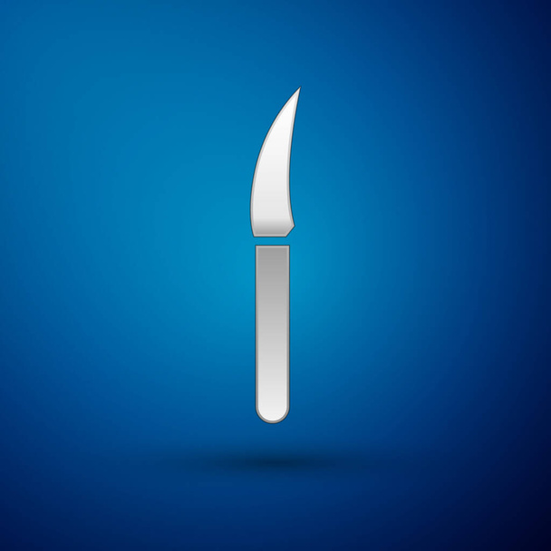 Icono de cuchillo de plata aislado sobre fondo azul. Símbolo de cubertería. Ilustración vectorial
 - Vector, imagen