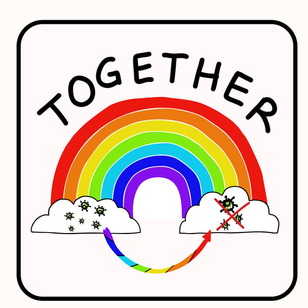 Together rainbow virus fight. You are not alone. Support each other corona covid 19 infographic. Considerate community help graphic clipart. Pandemic affects everyone. Be kind, positive poster banner - Vector, Image