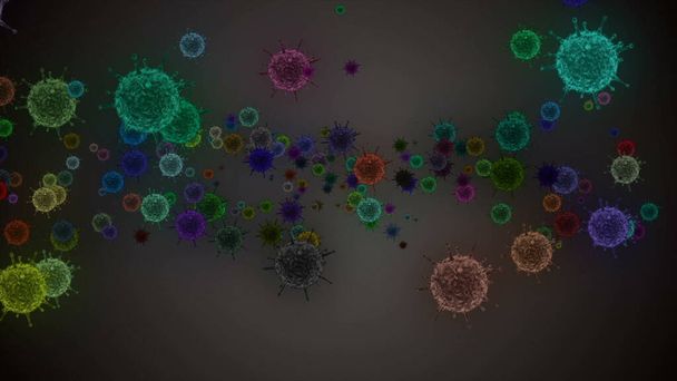 Coronavirus Covid-19 ilustración de Neumonía Infectada por Virus 2019-ncov en sangre. Virus Médico modelos realistas. Papel pintado de Coronavirus. Microorganismos, bacterias patógenas. Imagen colorida de partículas coronavirus
. - Foto, Imagen