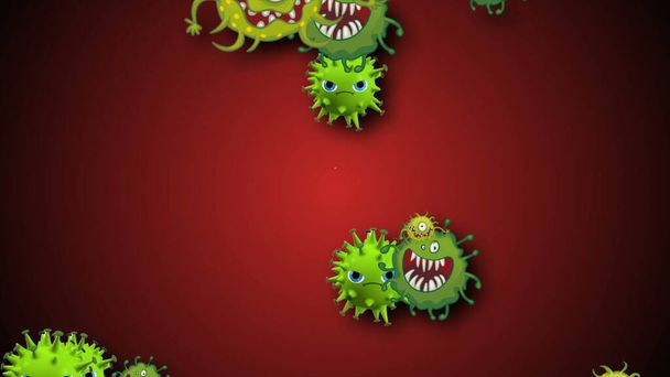 Illustratie van coronavirus, covid-19 cellen, bacteriën, bacterie drijvend op gekleurde achtergrond. Virusmicrocelmodellen. Emoji, charachters, glimlach van ncov, covid-19 micro-organisme bacteriecellen onder microscoop bekijken. - Foto, afbeelding
