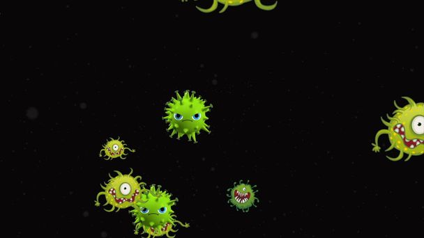 Ilustración de coronavirus, células covid-19, bacterias, bacterias flotando sobre fondo de color. Modelos de microcélulas virales. Emoji, charachters, sonrisas de ncov, covid-19 microorganismo bacterias células bajo el microscopio ver
. - Foto, Imagen