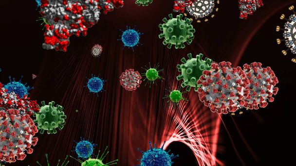 Ilustración de coronavirus, células covid-19, bacterias, bacterias flotando sobre fondo de color. Modelos de microcélulas virales. Emoji, charachters, sonrisas de ncov, covid-19 microorganismo bacterias células bajo el microscopio ver
. - Foto, Imagen